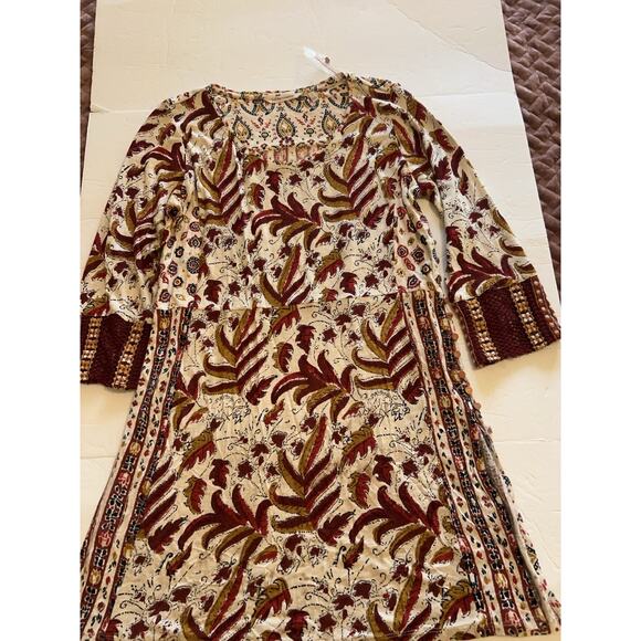 NWT Soft Surroundings Tunic Small Brown Fall Print Gold Button Side Knit Sleeves - Picture 2 of 14